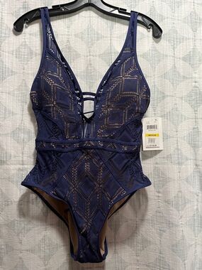 BECCA Navy Geometric Lace One-Piece Swimsuit